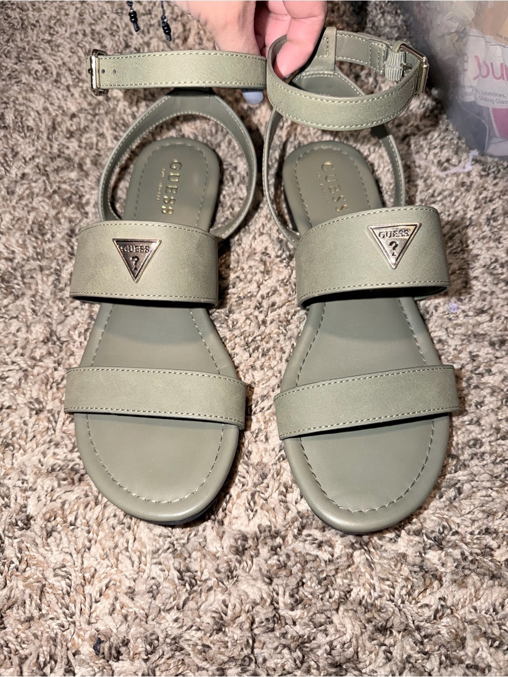 GUESS Olive Ankle-Strap Flat Sandals with silver logo Size 8.5 – Like New